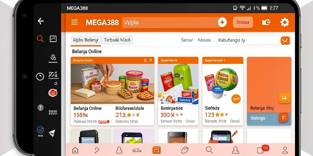 Screenshot antarmuka pengguna aplikasi MEGA388 untuk belanja online.