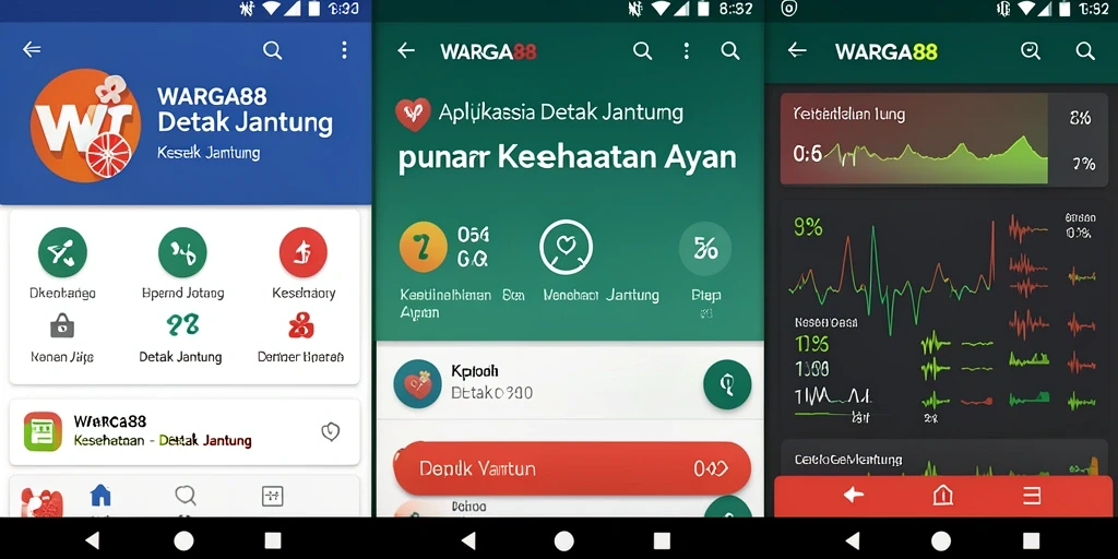 Antarmuka aplikasi WARGA88 untuk memantau detak jantung pengguna.